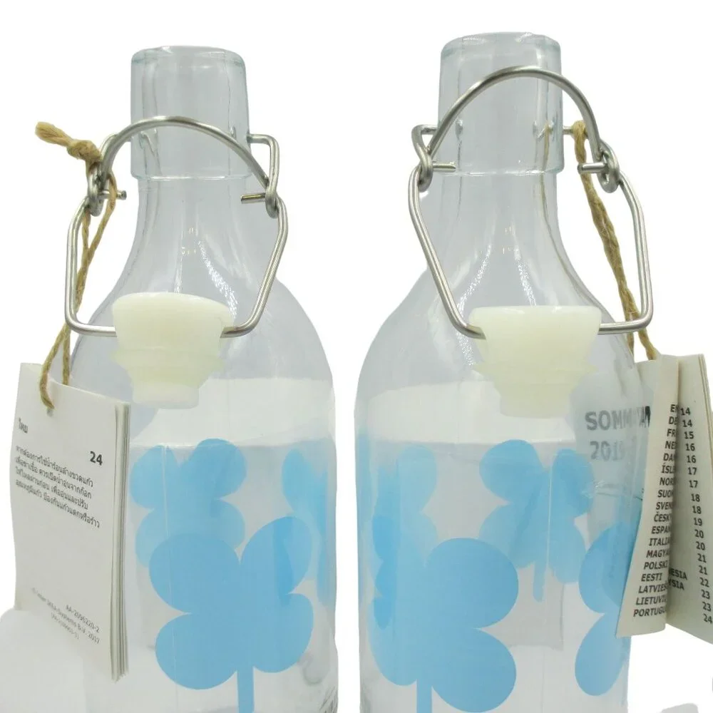 IKEA SOMMAR Glass Bottle with Clamp Lid Vintage Blue Clover Design Water 2 Set